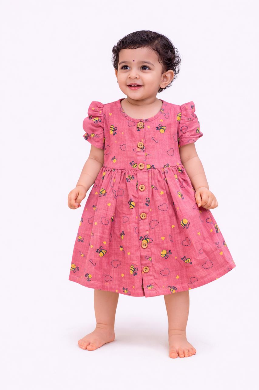 Crinkle Muslin Pink Honey Bee Print Baby Frock – Soft, Breathable & Stylish