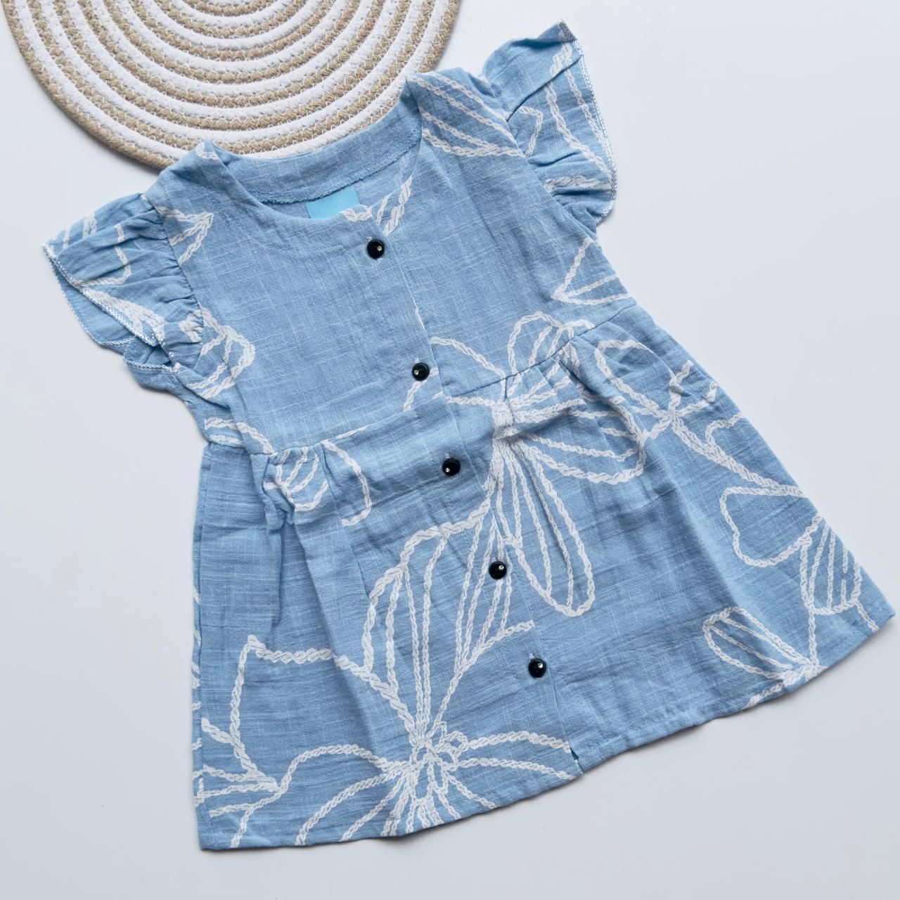 Elegant Sky Blue Muslin Frock with White Floral Print for Girls – Soft, Breathable & Stylish