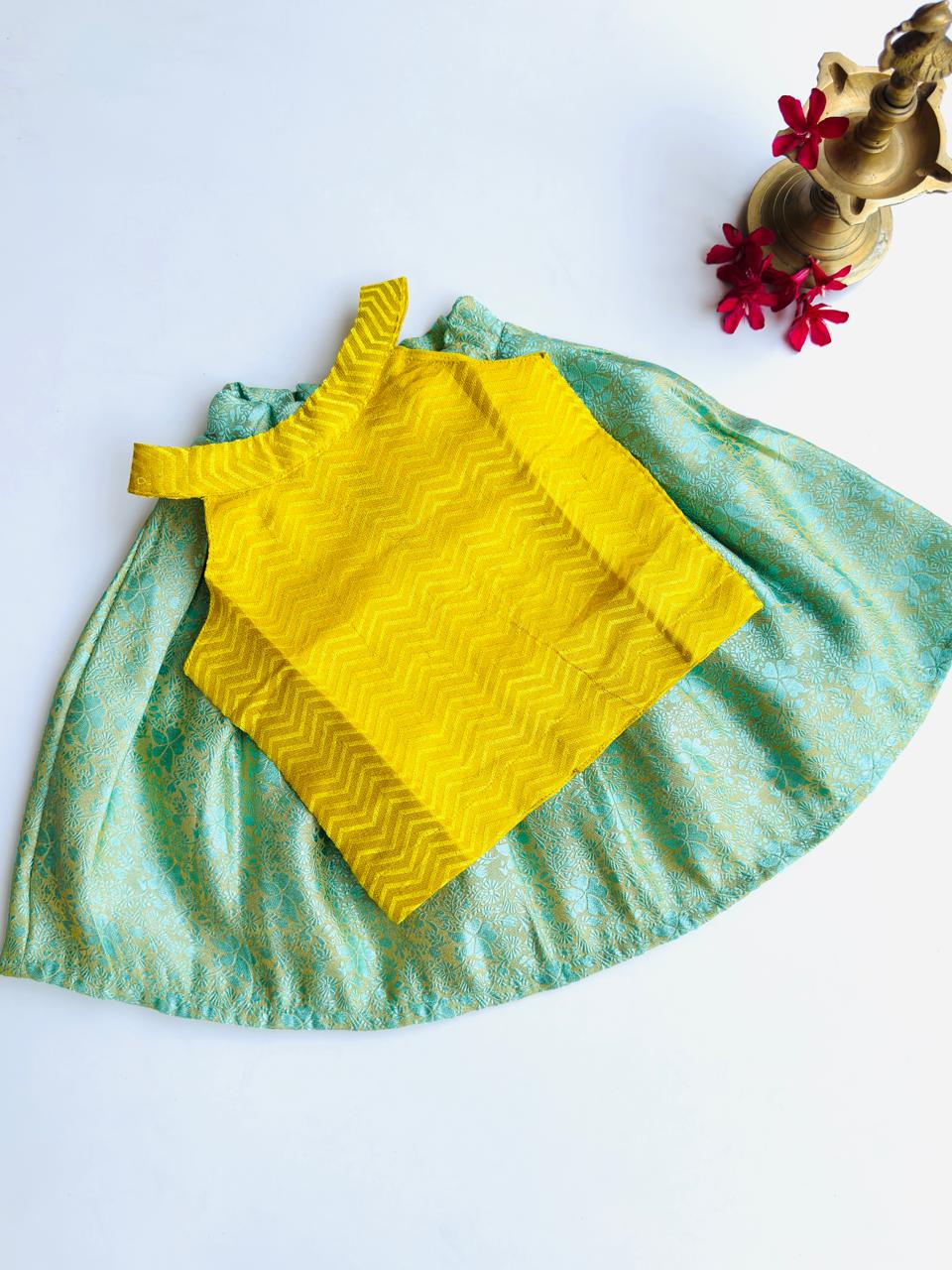 Banarasi Pattu Pavadai Set – Mustard Yellow & Mint Green