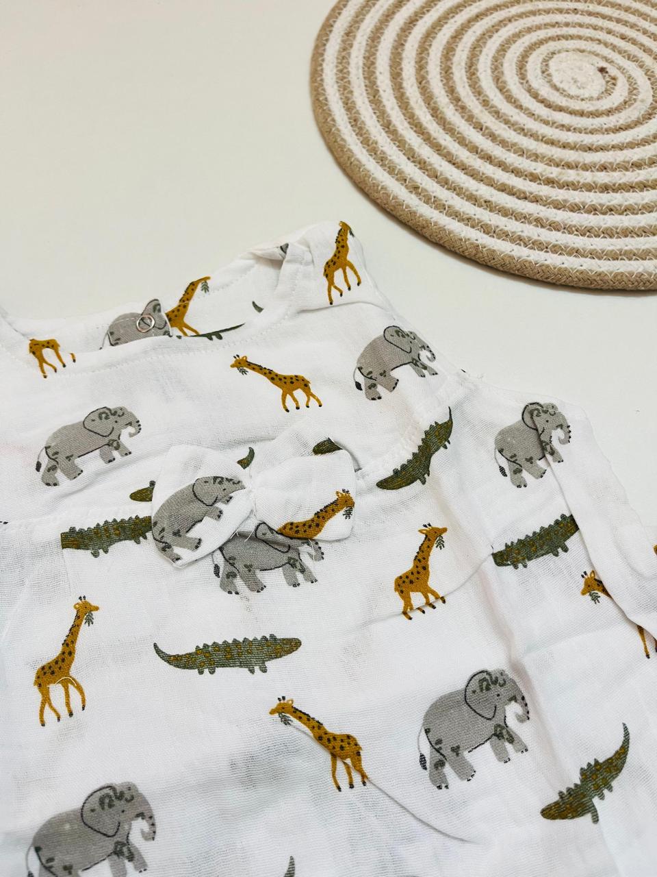 White Safari Animal Print Muslin Frill Top for Baby Girls – Back Button Frock