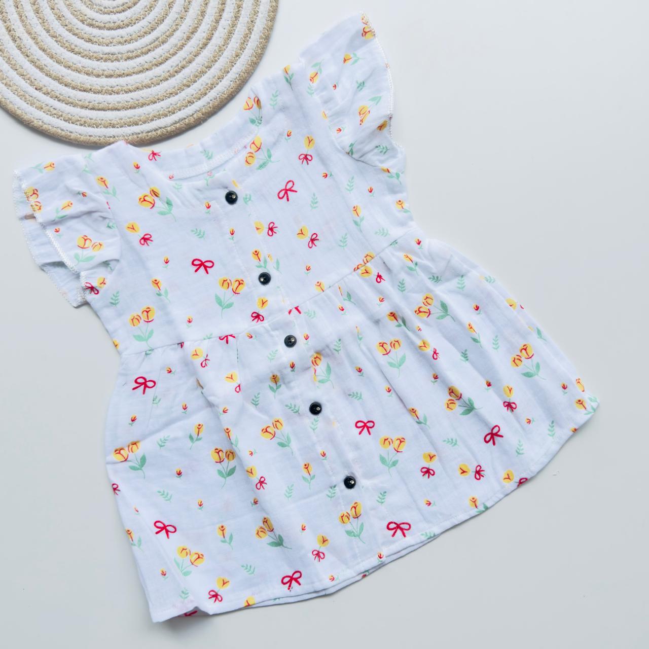 White Muslin Frock with Yellow Floral & Red Bow Print for Girls – Soft, Breathable & Stylish