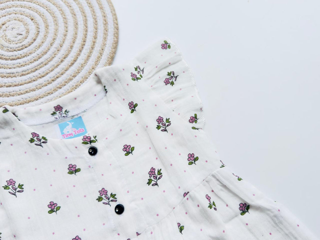 White Muslin Frock with Pink Floral Print for Girls – Soft, Breathable & Stylish