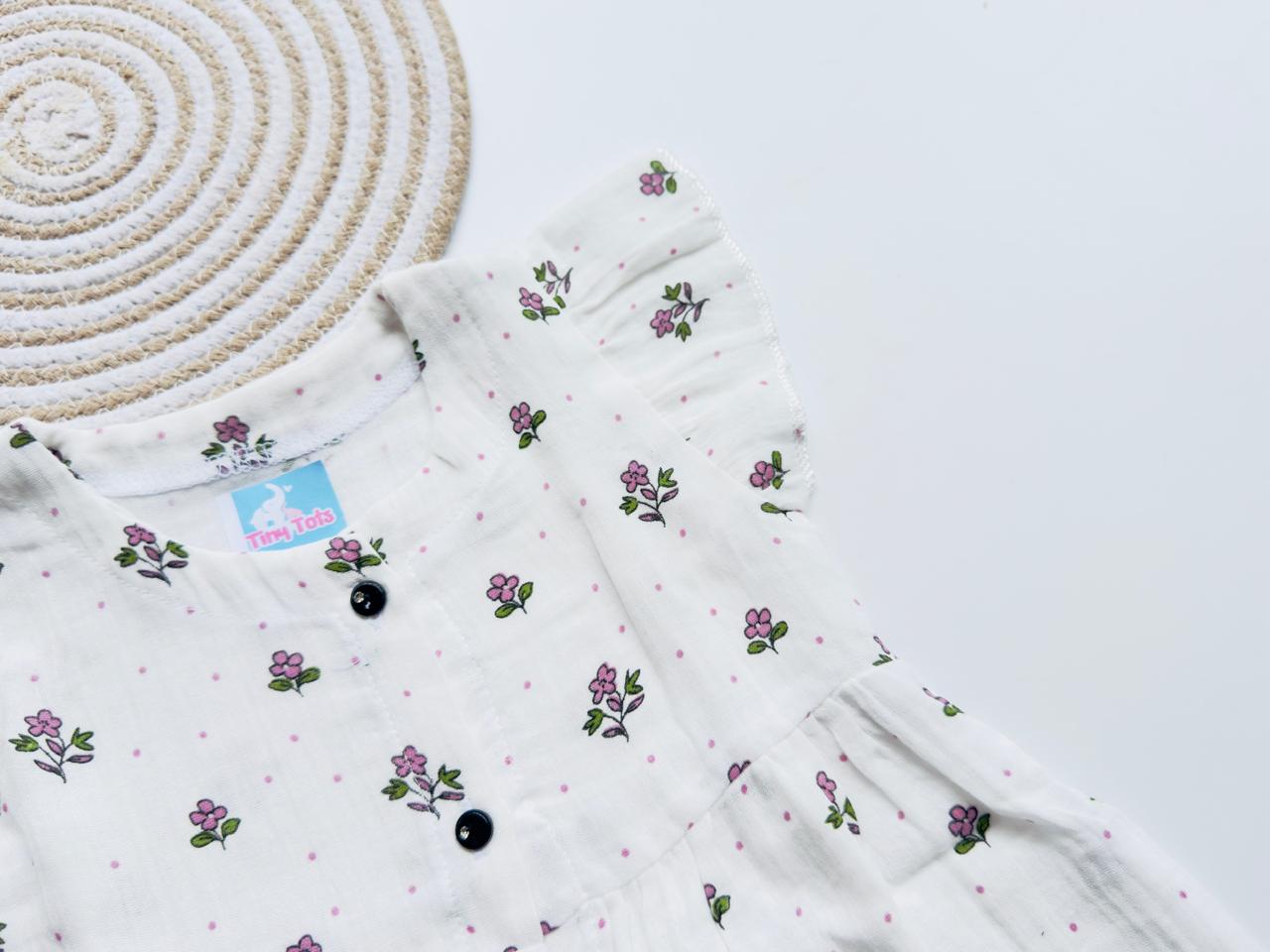 White Muslin Frock with Pink Floral Print for Girls – Soft, Breathable & Stylish