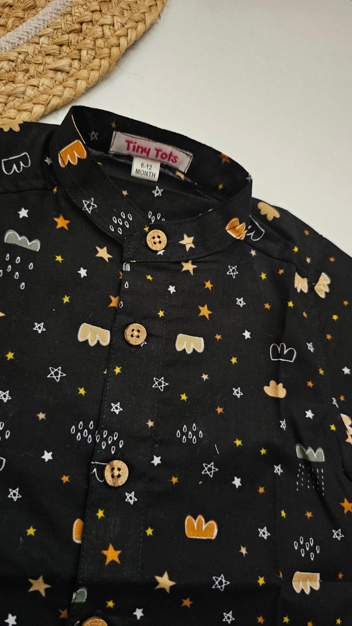 Baby Boy Black Printed Shirt – Cute Star and Cloud Design