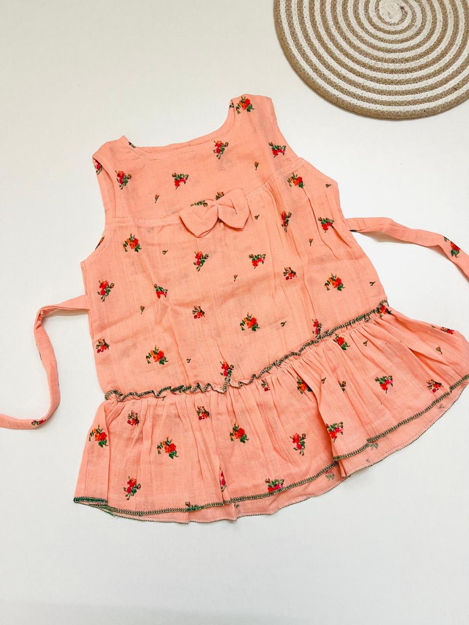 Peach Floral Print Muslin Frill Top for Baby Girls – Back Button Frock