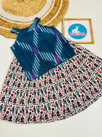 Teal Ikat Top with Folk Print Skirt Set
