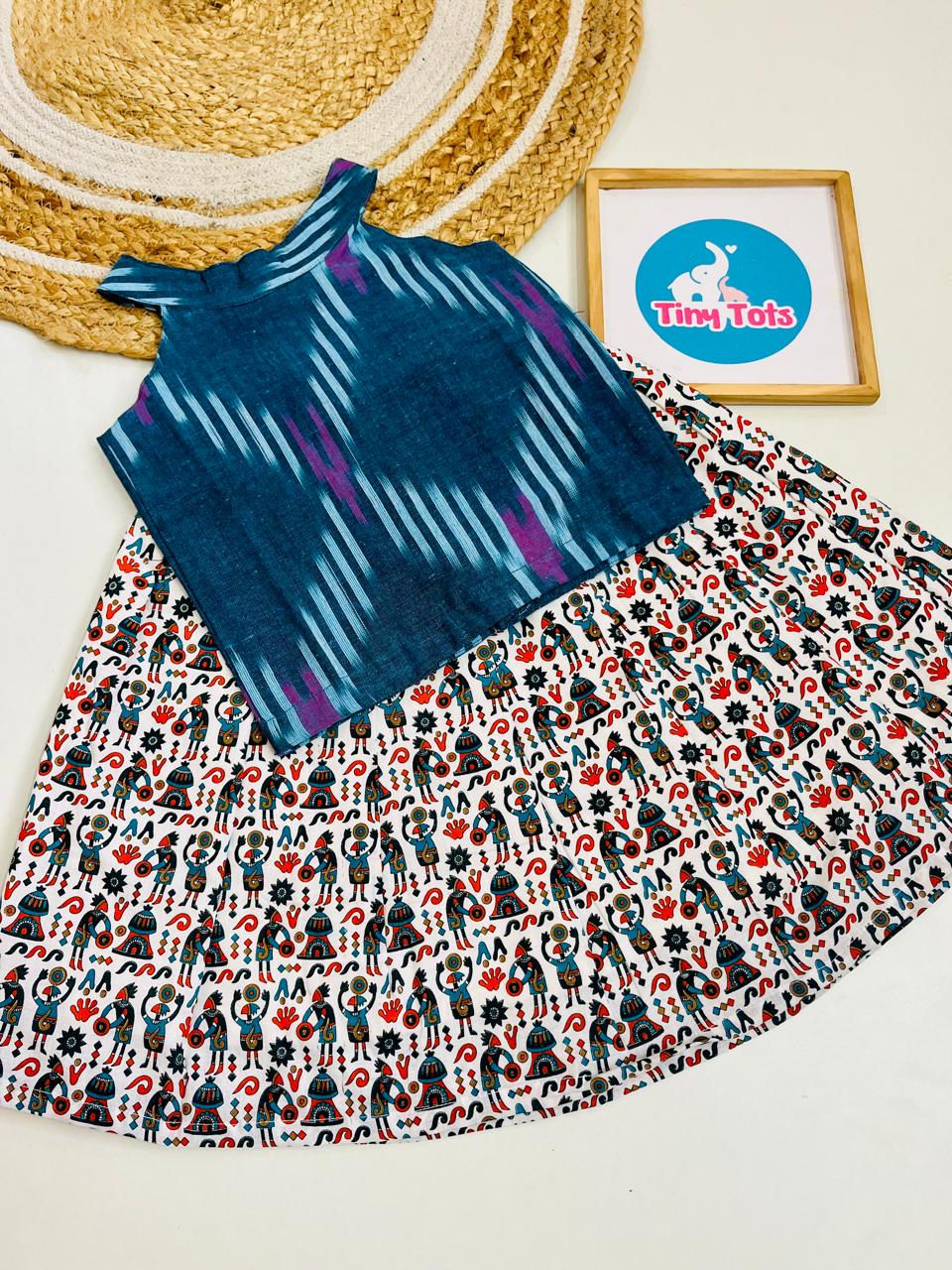 Teal Ikat Top with Folk Print Skirt Set