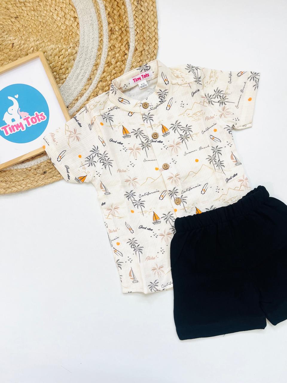 Baby Boy Summer Shirt & Shorts Set – Cream Color (Palm Print Beach Style)