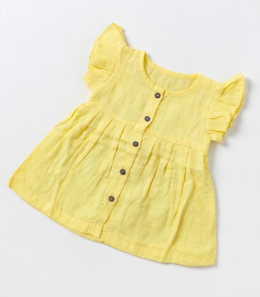 Yellow Muslin Baby Frock with Wooden Buttons – Soft & Stylish