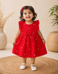 Crinkle Muslin Heart Print Baby Girl Dress with Bow – Red