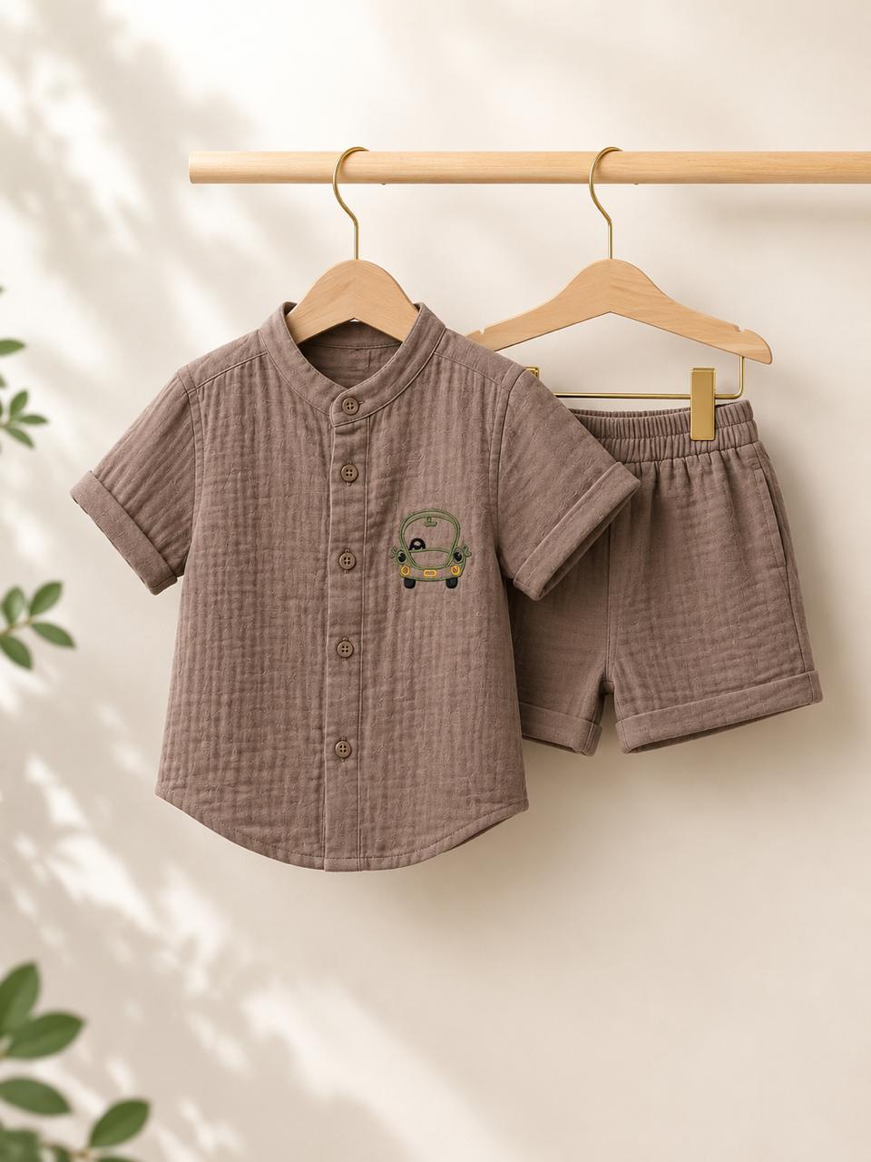 Crinkle Muslin Baby Boys Co-ord Set – Mocha Brown Shirt & Shorts