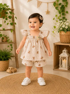 Teddy Bear Checkered Beige Cotton Co-Ord Set for Baby Girls