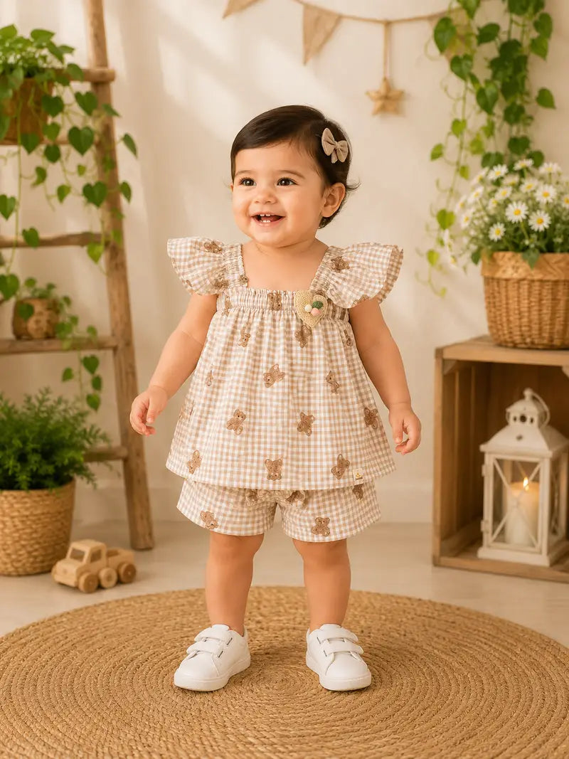 Teddy Bear Checkered Beige Cotton Co-Ord Set for Baby Girls