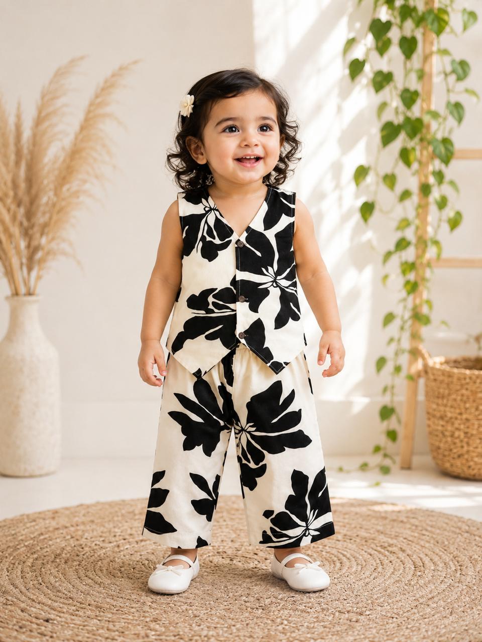 Black & Half White Floral Cotton Co-Ord Set for Baby Girls