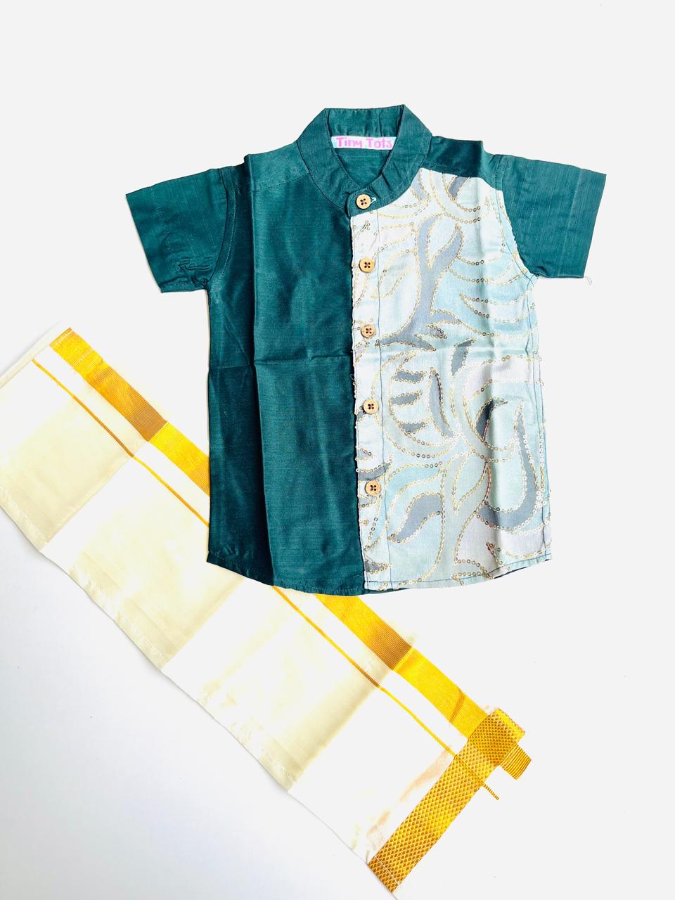 Green Silk Panel Shirt with White Pattu Dhoti for Boys – Traditional Festive Set