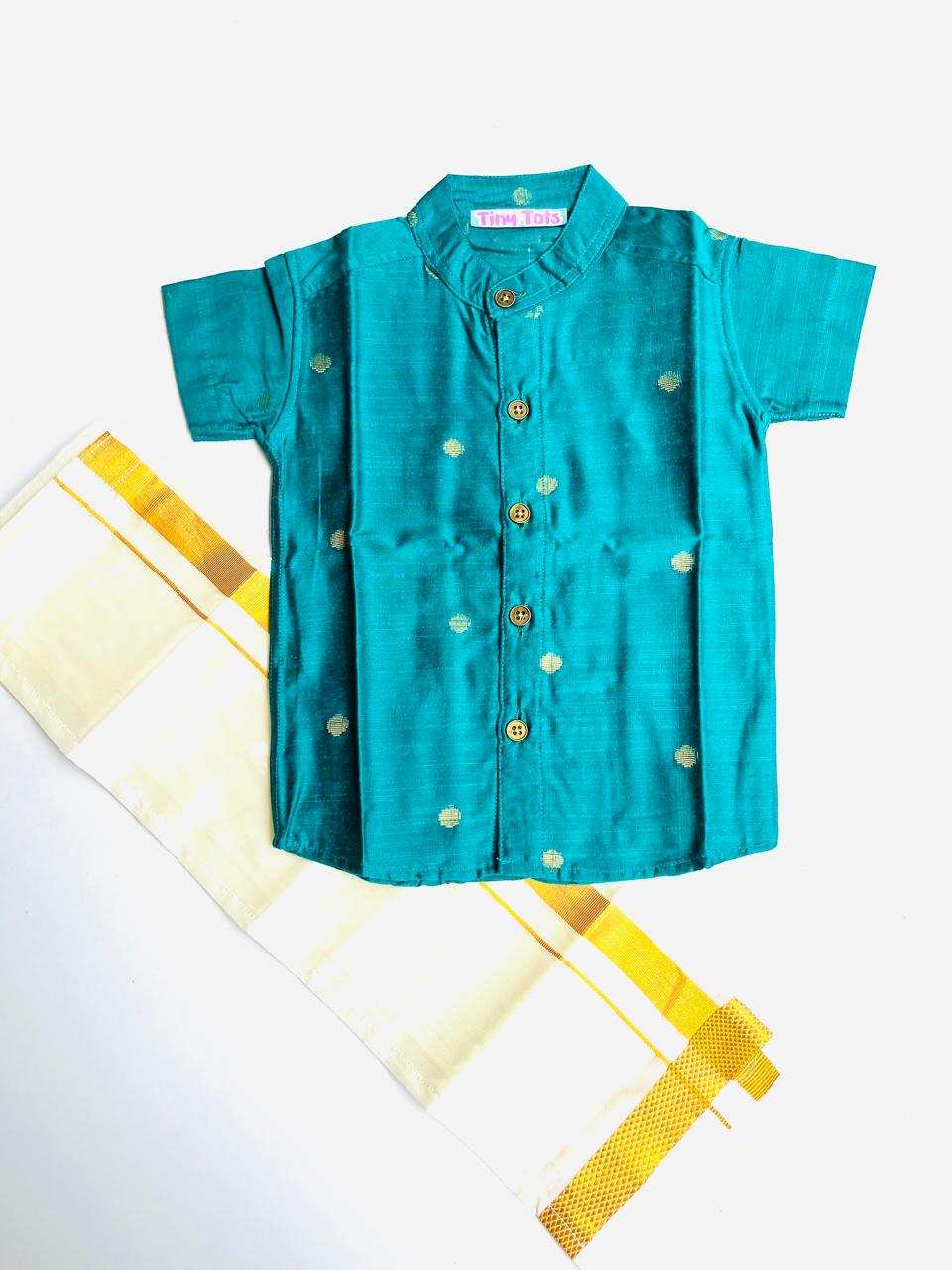 Peacock Blue Silk Butta Shirt with White Pattu Dhoti for Boys – Traditional Festive Set