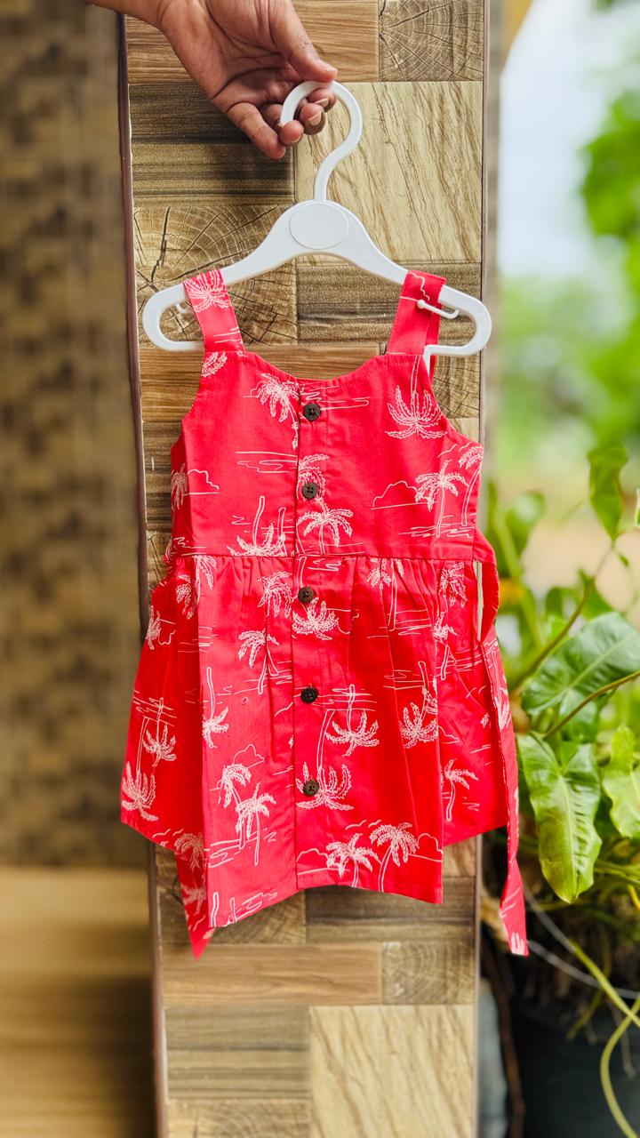A Red Coral Palm Print – Cotton Ria Frock