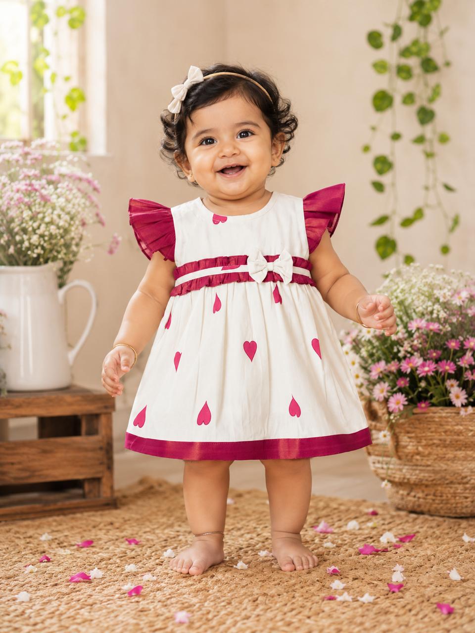 Heart Print Tissue Party Frock with Soft Cotton Lining – Wine & Ivory