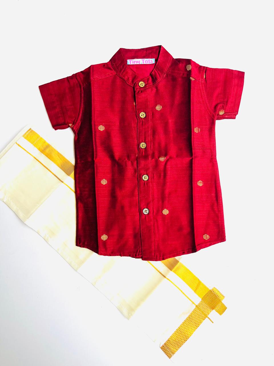 Rubby Red Silk Butta Shirt with White Pattu Dhoti for Boys – Traditional Festive Set