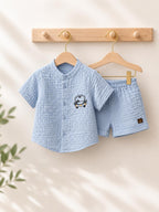 Crinkle Muslin Baby Boys Co-ord Set – Sky Blue Shirt & Shorts