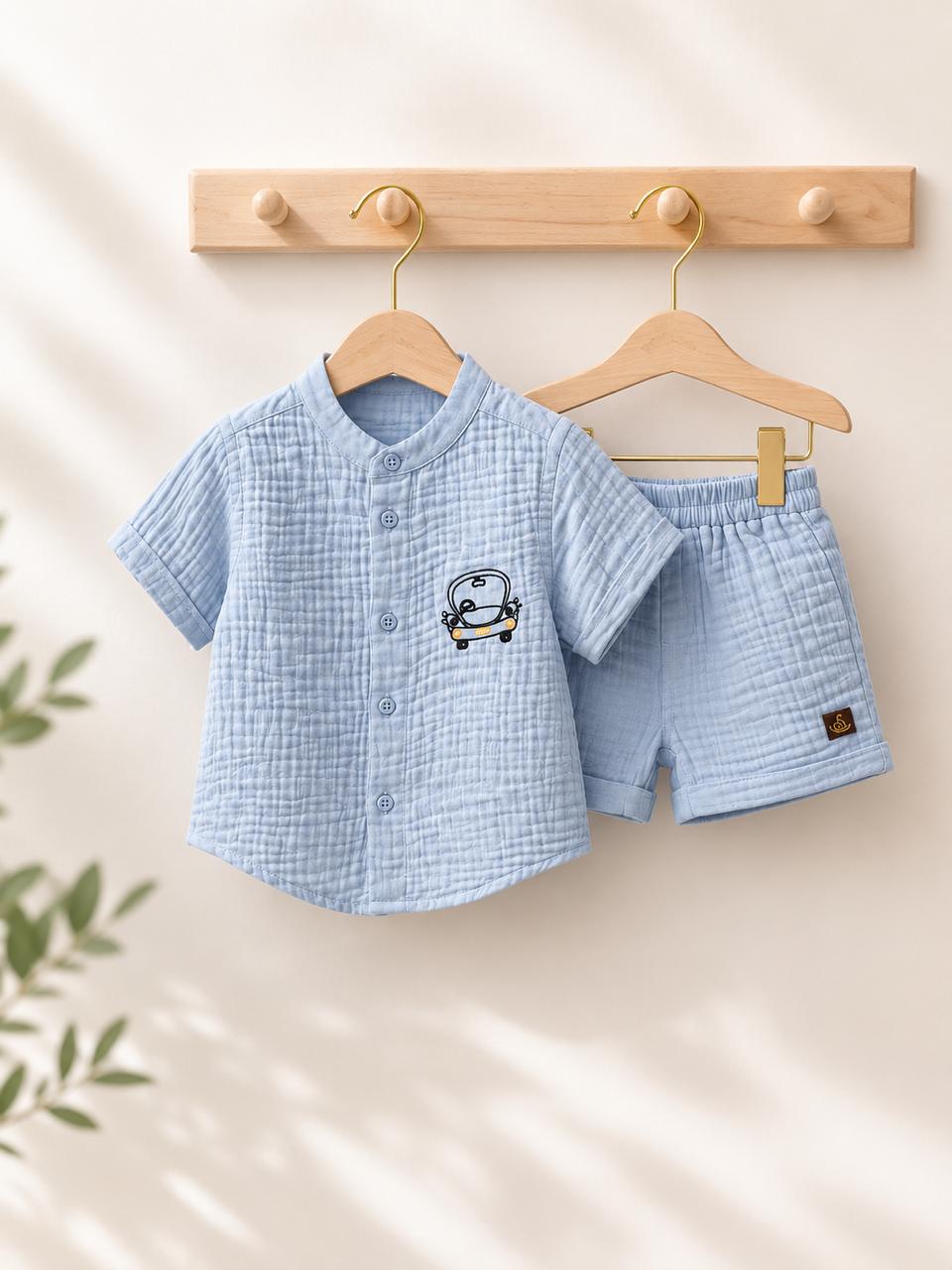 Crinkle Muslin Baby Boys Co-ord Set – Sky Blue Shirt & Shorts