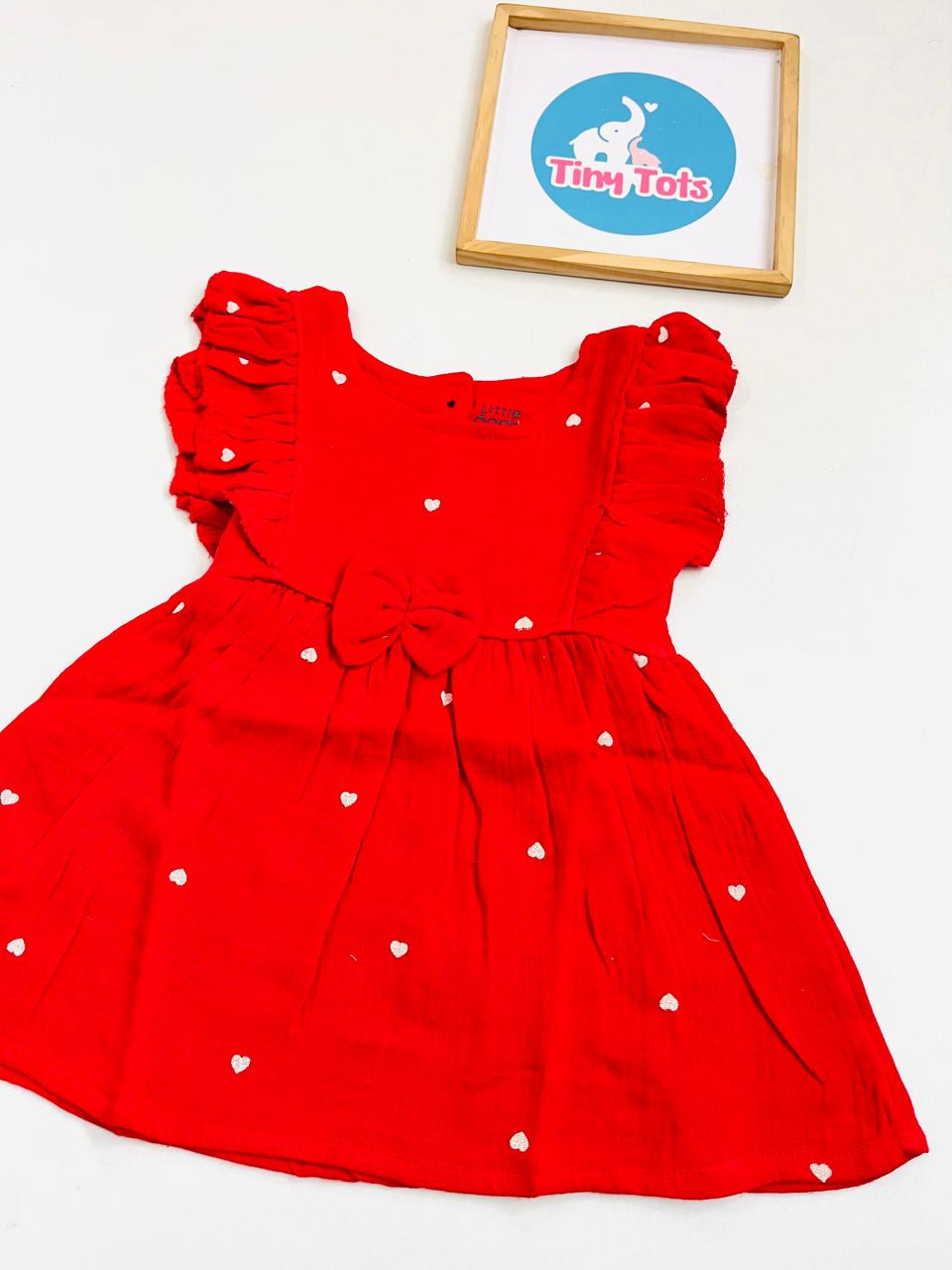 Crinkle Muslin Heart Print Baby Girl Dress with Bow – Red