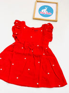 Crinkle Muslin Heart Print Baby Girl Dress with Bow – Red