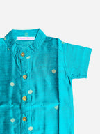 Peacock Blue Silk Butta Shirt with White Pattu Dhoti for Boys – Traditional Festive Set