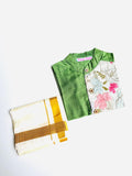 Pistachio Green Silk Panel Shirt with White Pattu Dhoti for Boys – Traditional Festive Set