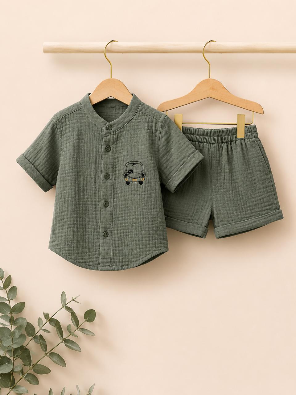 Crinkle Muslin Baby Boys Co-ord Set – Sage Green Shirt & Shorts