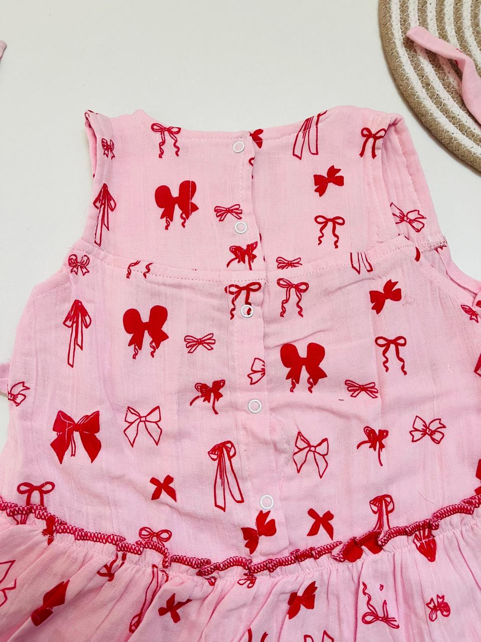 Pink Bow Print Muslin Frill Top for Baby Girls – Back Button Frock
