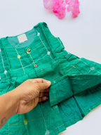 Green Ethnic Butta Sleeveless Silk Baby Frock With Wooden Buttons