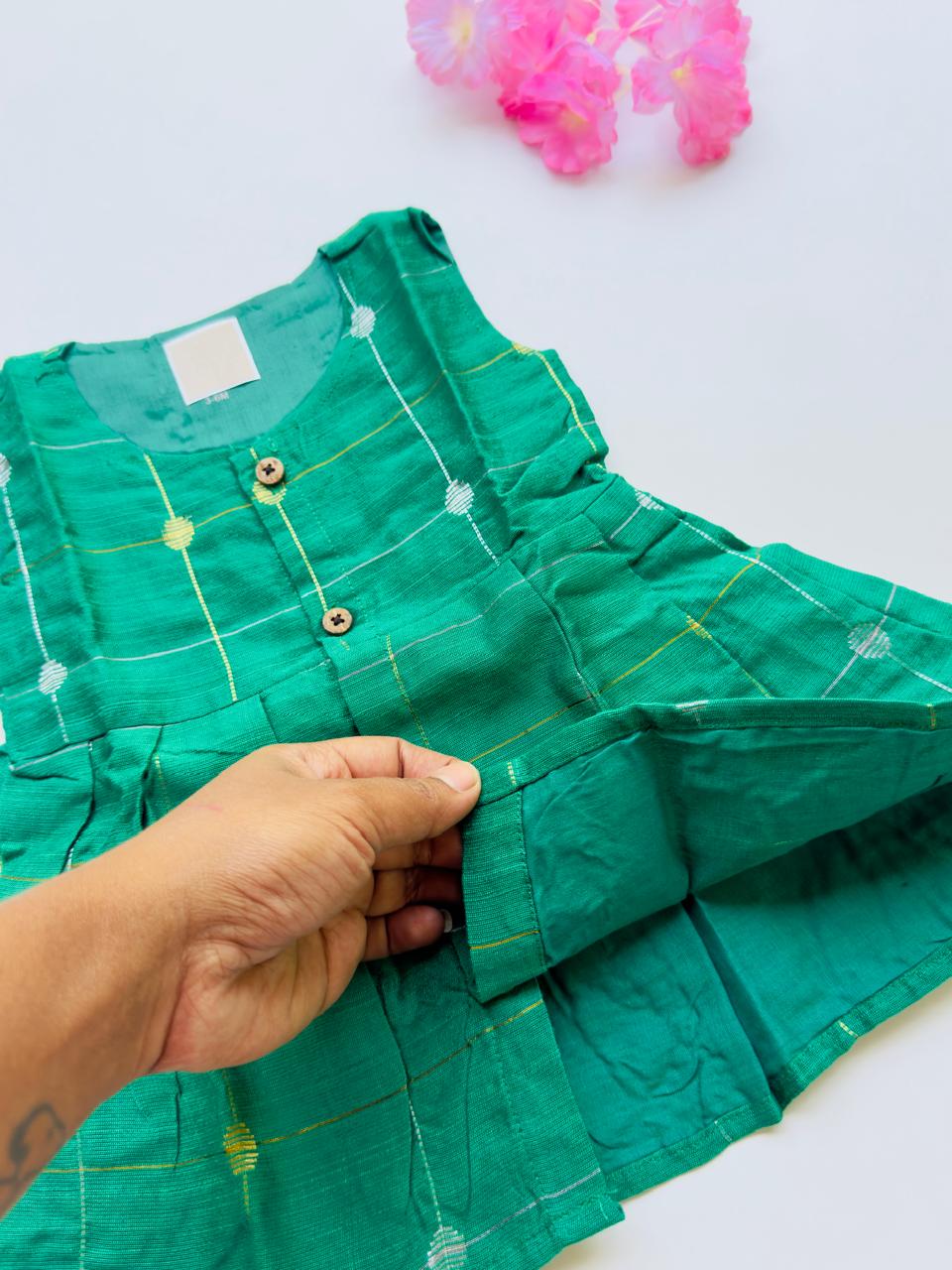Green Ethnic Butta Sleeveless Silk Baby Frock With Wooden Buttons
