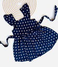 Cute navy blue polka dot frock with frilled straps – Back Button Frock