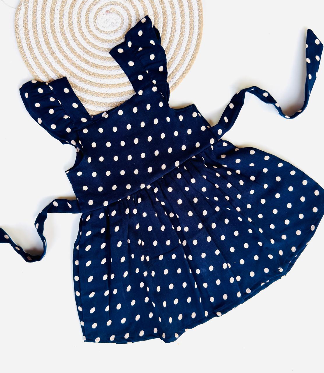 Cute navy blue polka dot frock with frilled straps – Back Button Frock