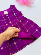 Royal Purple Ethnic Butta Sleeveless Silk Baby Frock With Wooden Buttons