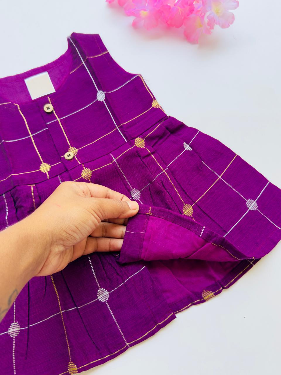 Royal Purple Ethnic Butta Sleeveless Silk Baby Frock With Wooden Buttons