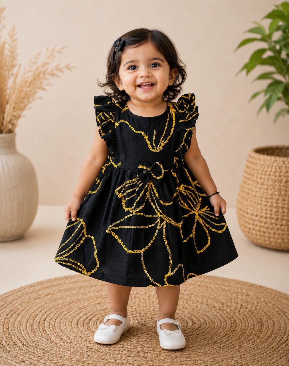 Crinkle Muslin Floral Print Baby Girl Dress with Bow – Black