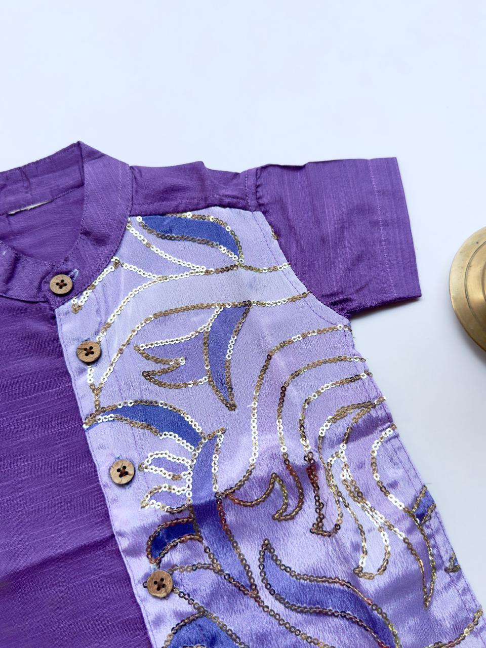 Lavender Silk Panel Shirt with White Pattu Dhoti for Boys – Traditional Festive Set