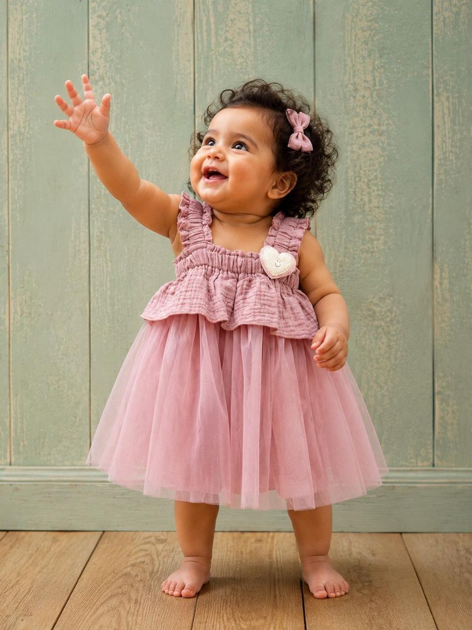 Blush Onion Pink Ruffle Net Baby Frock