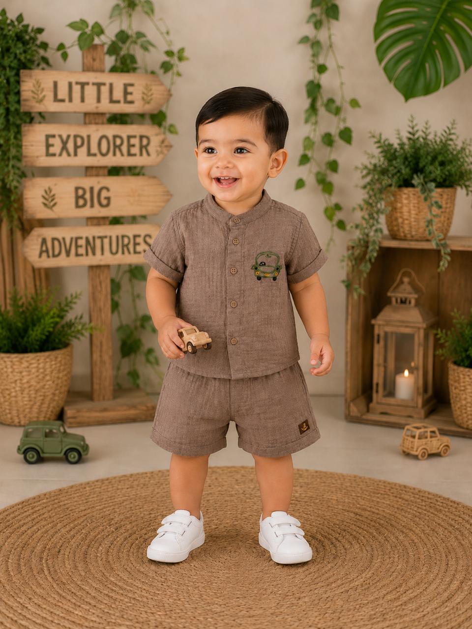 Crinkle Muslin Baby Boys Co-ord Set – Mocha Brown Shirt & Shorts