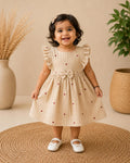 Crinkle Muslin Heart Print Baby Girl Dress with Bow – Beige