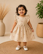 Crinkle Muslin Heart Print Baby Girl Dress with Bow – Beige