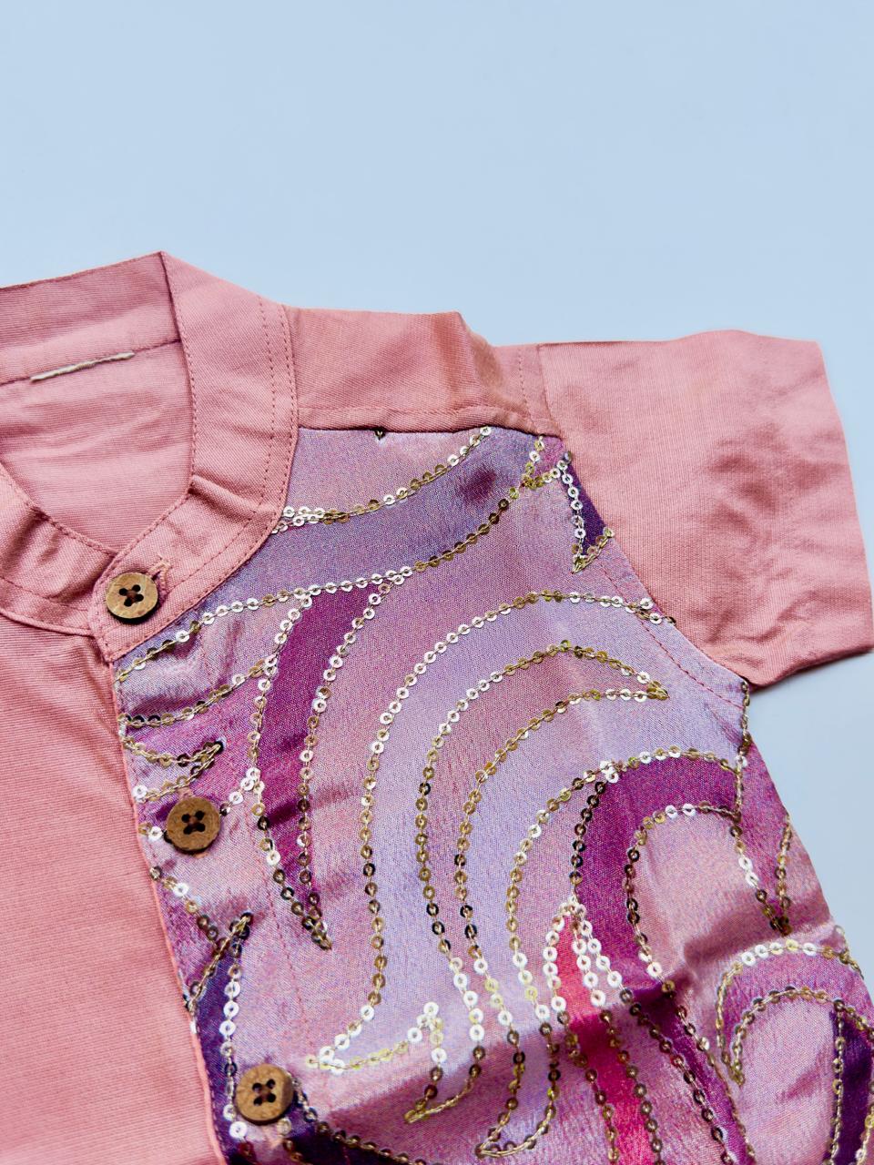 Peach Silk Panel Shirt with White Pattu Dhoti for Boys – Traditional Festive Set