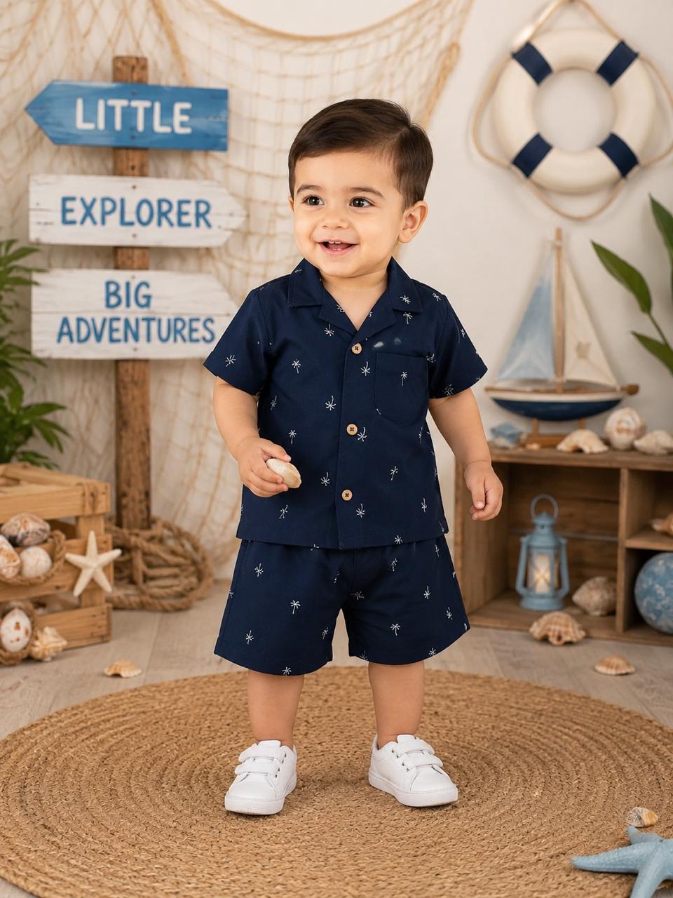 Navy Palm Print Cotton Co-Ord Set – Cuban Collar