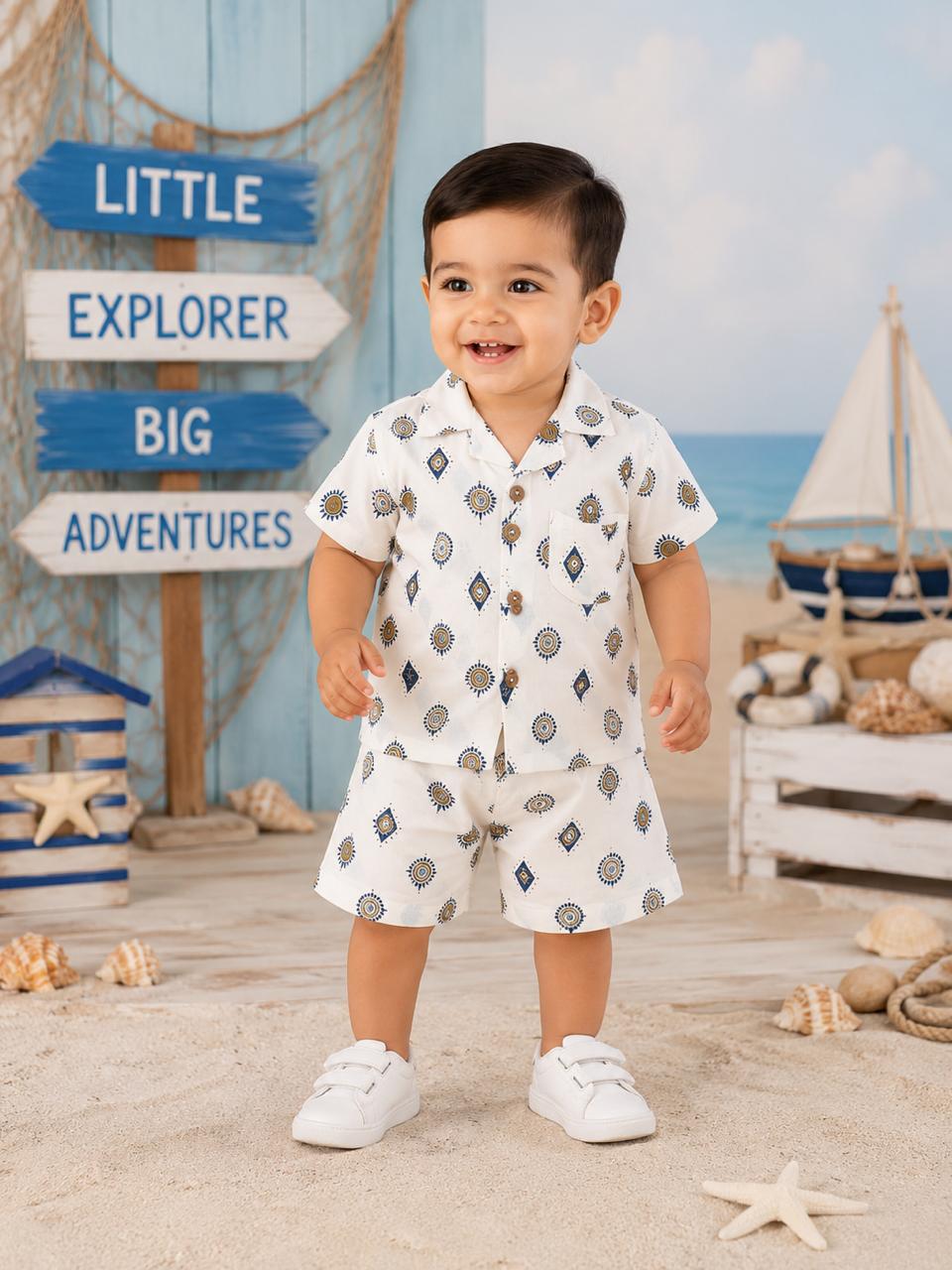 Ivory white Boho Geometric Print Cotton Co-Ord Set – Cuban Collar