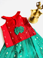 Traditional Raw Silk Pattu Frock Set for Girls – Red & Green with Back Bow