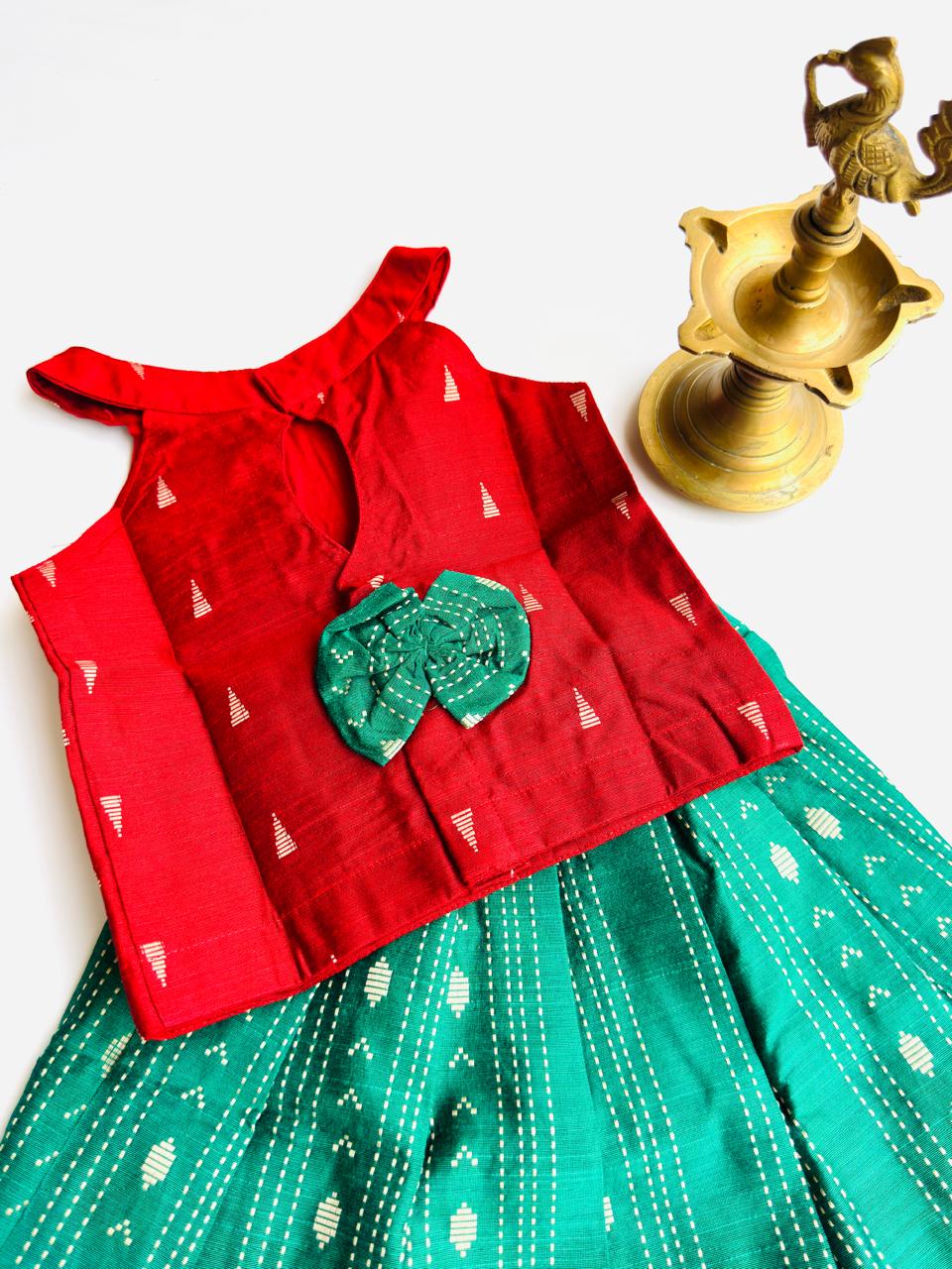 Traditional Raw Silk Pattu Frock Set for Girls – Red & Green with Back Bow