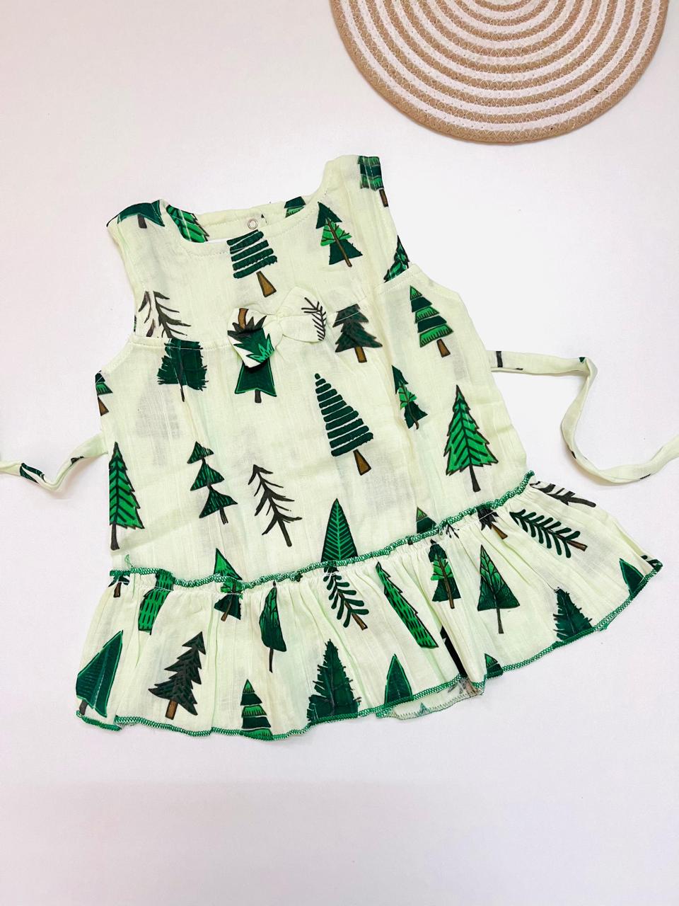 Green Pine Tree Print Muslin Frill Top for Baby Girls – Back Button Frock