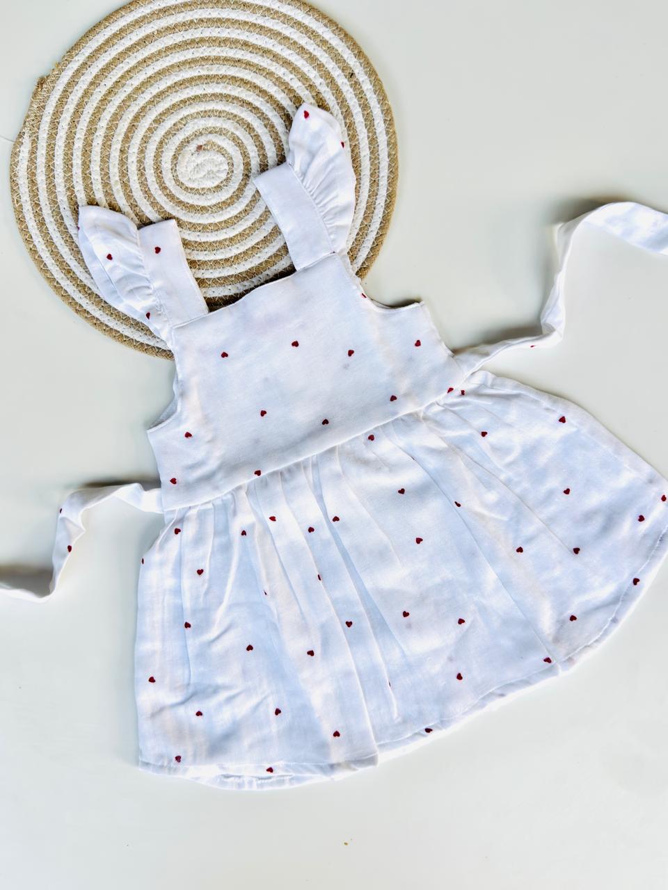 White Heart Print Muslin Cotton Frock for Baby Girls – Back Button Frock